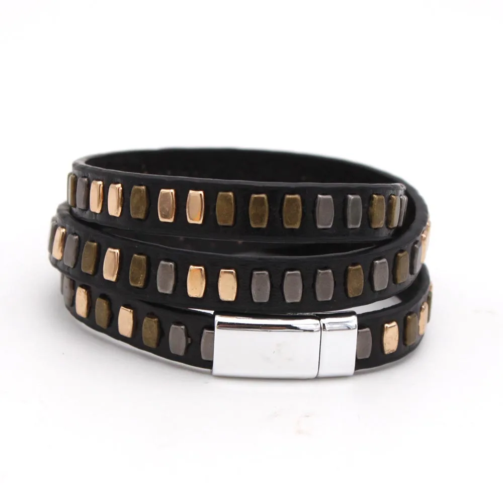 New Multilayer Punk Style Men Studded Leather Bracelet Unisex Gothic Rivet Wristband Rock Wide Strap Cuff Bracelet