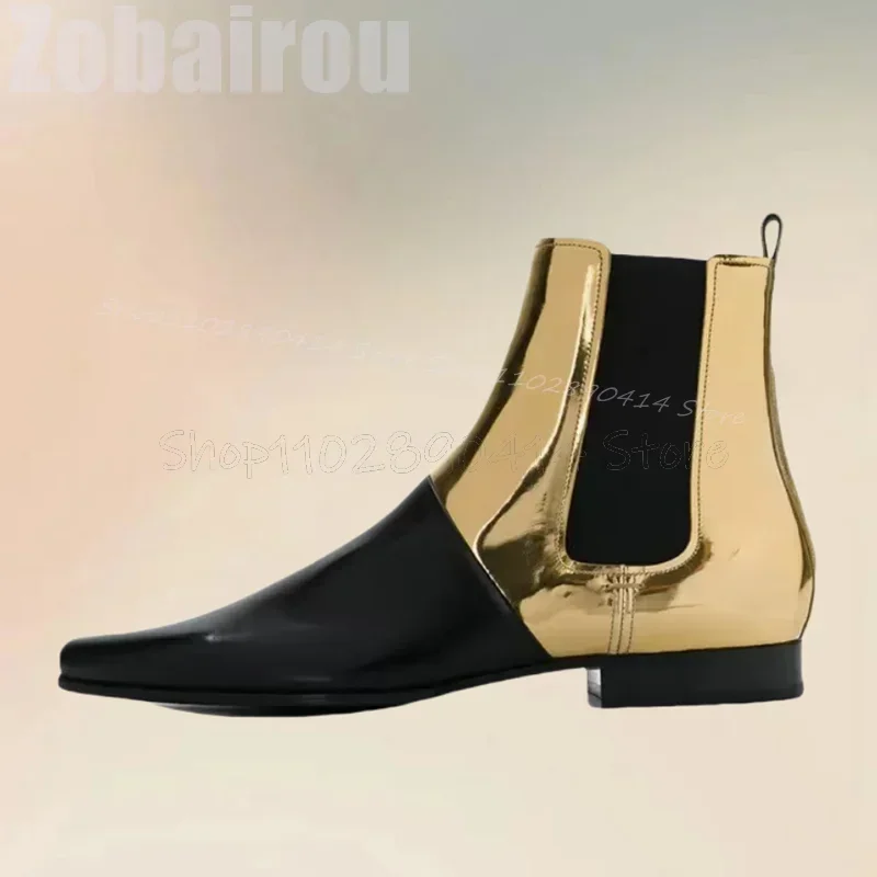 

Gold Black Patchwork Pointed Toe Ankle Boots Fashion Slip On Men Boots Luxurious Handmade Party Banquet Office Men Dress Shoes