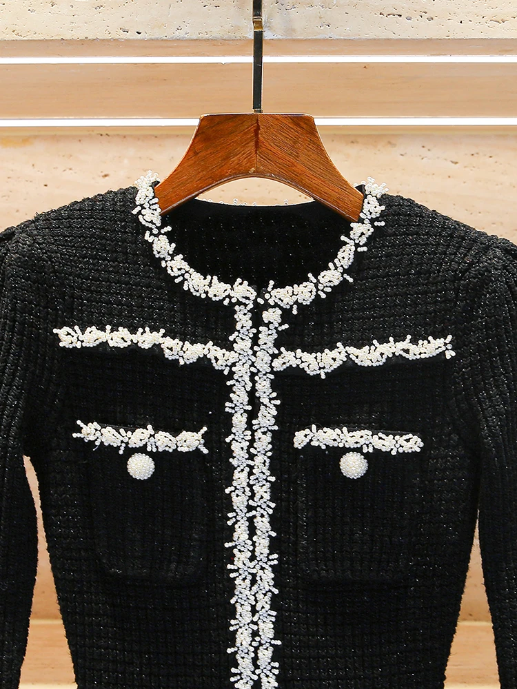 Vestido de malha de cintura alta da primavera, vestido longo f e com pérolas, estilo , manga crida