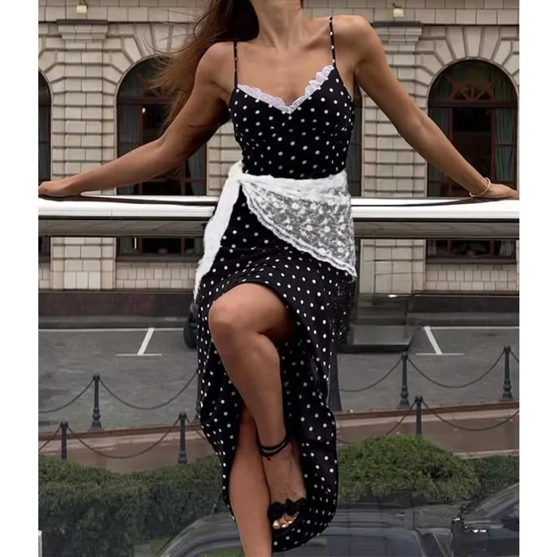 Lace Patchwork Dot Print Dress Women Slim V Neck Sleeveless Maxi Dresses Vacation Beach Party Spaghetti Backless Dress