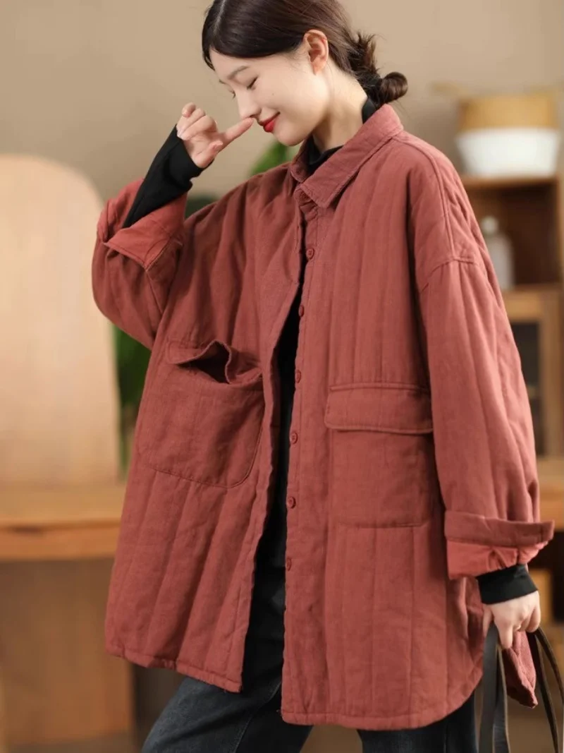 

Утолщенное хлопковое пальто в стиле ретро, женское пальто с большим карманом средней длины, повседневная стеганая зимняя куртка большого размера W961