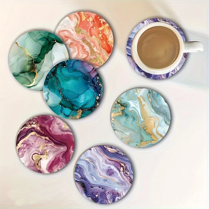 2D-Farben, helle Marmor-gemusterte Kunst, 10,2 cm, Holzuntersetzer, kreisförmige Vortex-Kunst, hitzebeständig, für Zuhause, Party, Küche, Geschenk, Foto-Requisiten