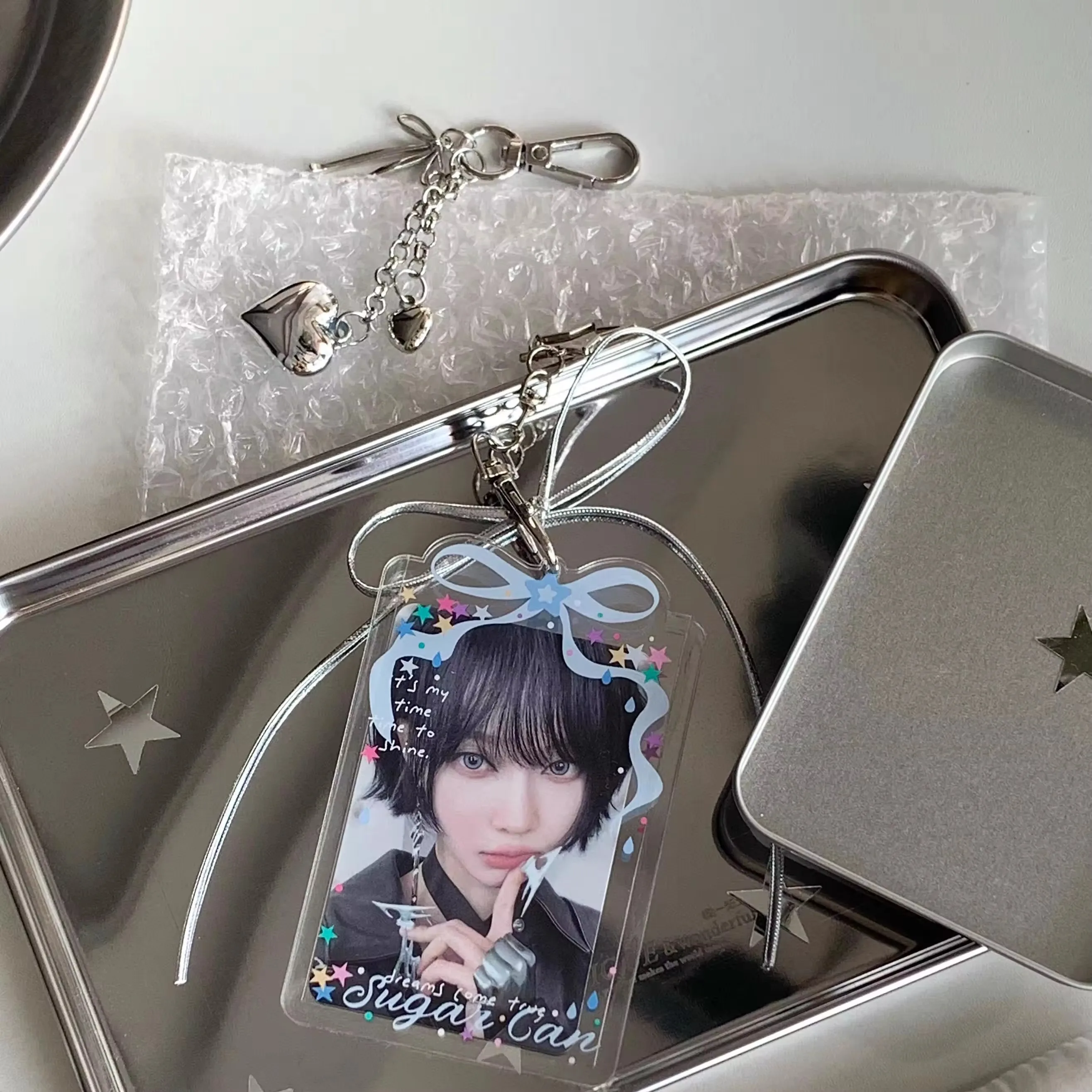 Star Bow Acrylic Card Holder Aesthetic 3" Photo Sleeve Protective Cover with Chain for IDOL Kpop Mini Card Bag Charm Pendant