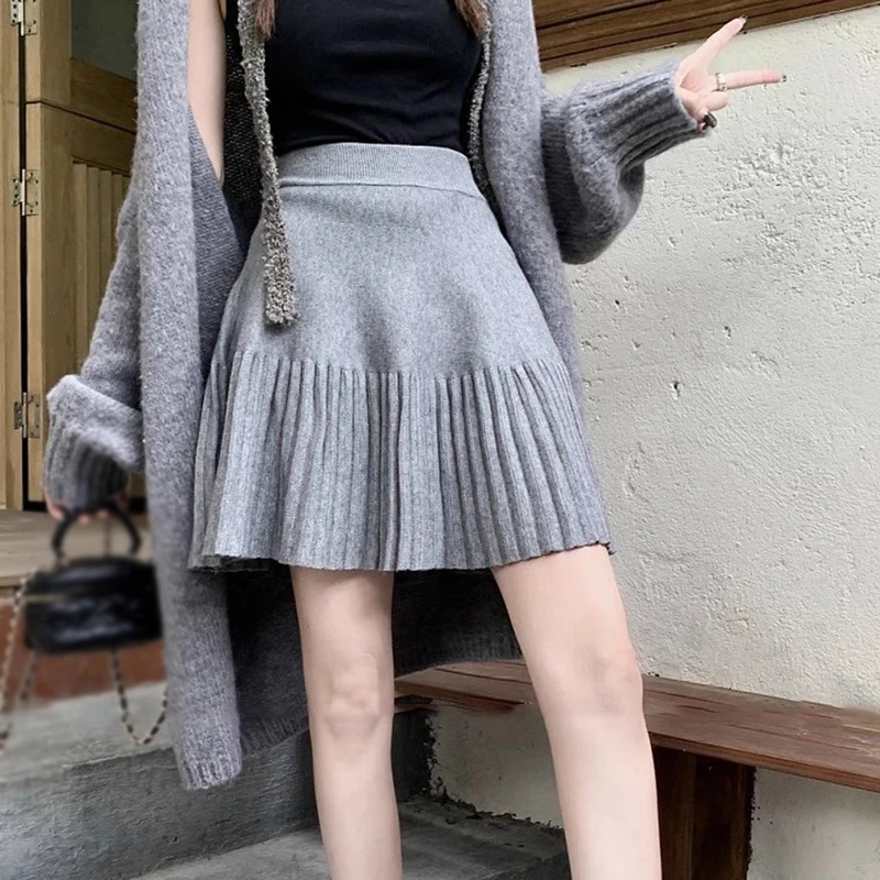 

Women's Knitted A Line Pleated Skirt Autumn Winter Solid Colour Skirt Korean Version Sweet Casual High Waist Fashion