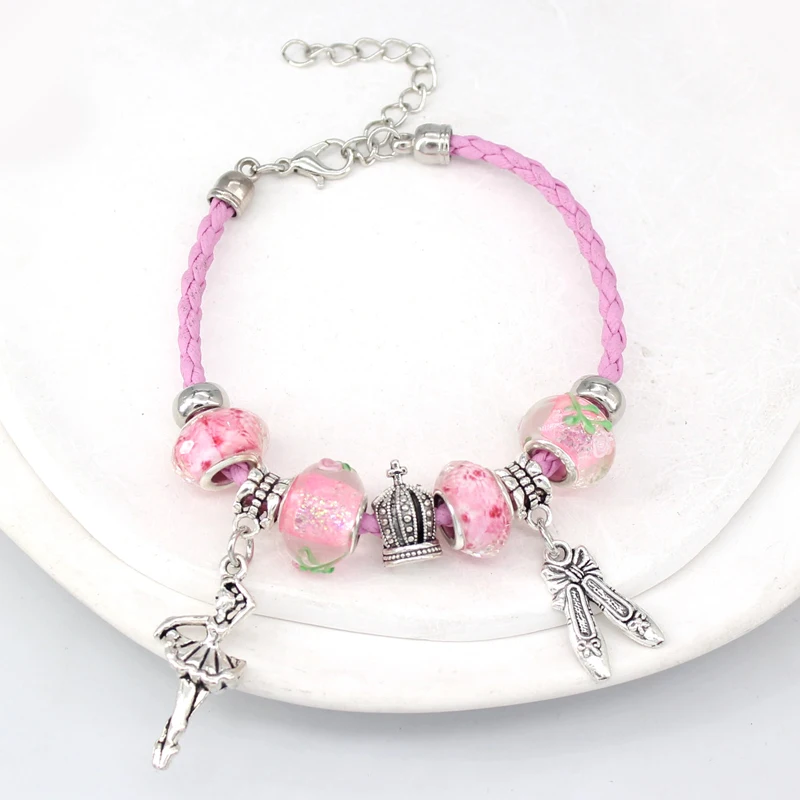 Braid Leather Bracelet Pink Lampwork Murano Glass Bead Crown Ballet Shoes Ballerina Charm Bracelets Jewelry Gift Bijoux Pulsera