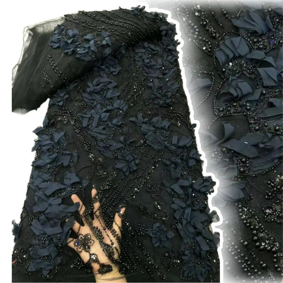 

France Luxury 3D Flower Embroidery Lace Fabric 2026 Africa Sequin Beaded Lace Fabric for Bridal Wedding Dress Sewing 2728