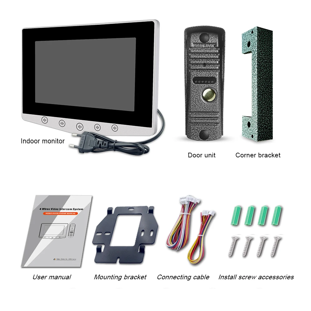 Video Doorphone 4-Wire,Intercom with 1080P Doorbell, Doorphone with Camera,7" Color IPS Display, 100° Wide View Camera