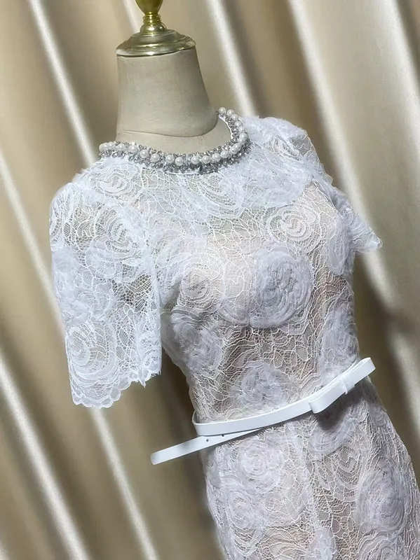 Vestidos largos formales de cristal con cuello de cadena de perlas de lujo para mujer, Vestidos de encaje de verano con cola de pez, Vestidos de sirena bordados para fiesta