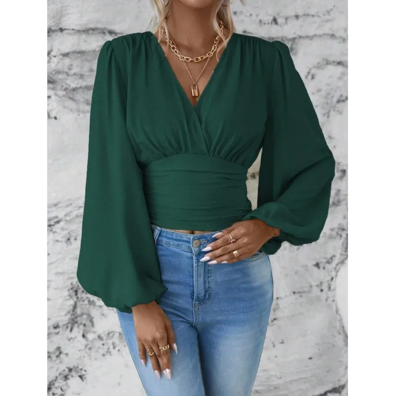 Elegant Lantern Sleeves Crop Top 2024 Spring Autumn New Fashion V-neck Solid Ruffled Women\'s Long Sleeved Streetwear Blouse Y2K