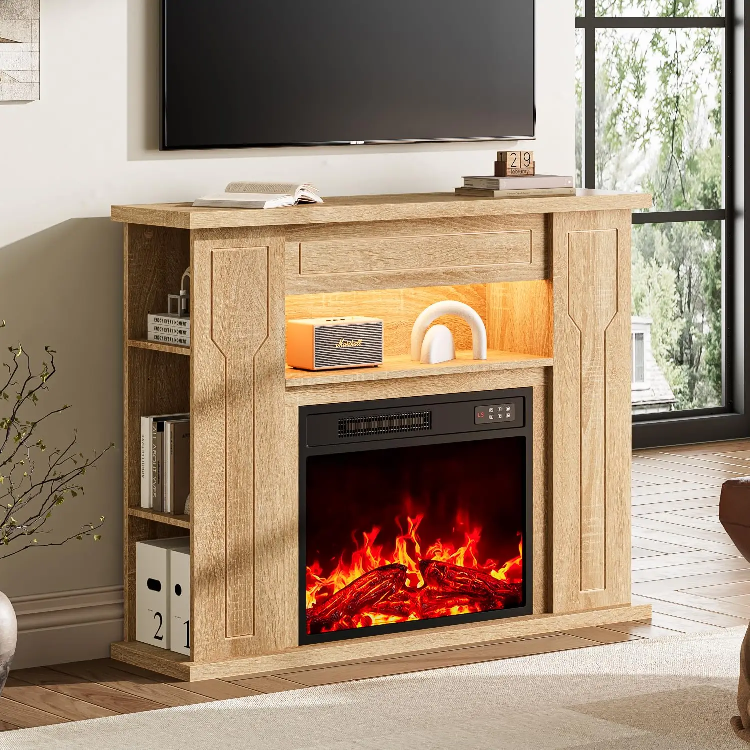 

43-дюймовый электрический камин с каминной полкой, современная тумба под телевизор из массива дерева с камином, отдельно стоящий развлекательный центр, на заказ