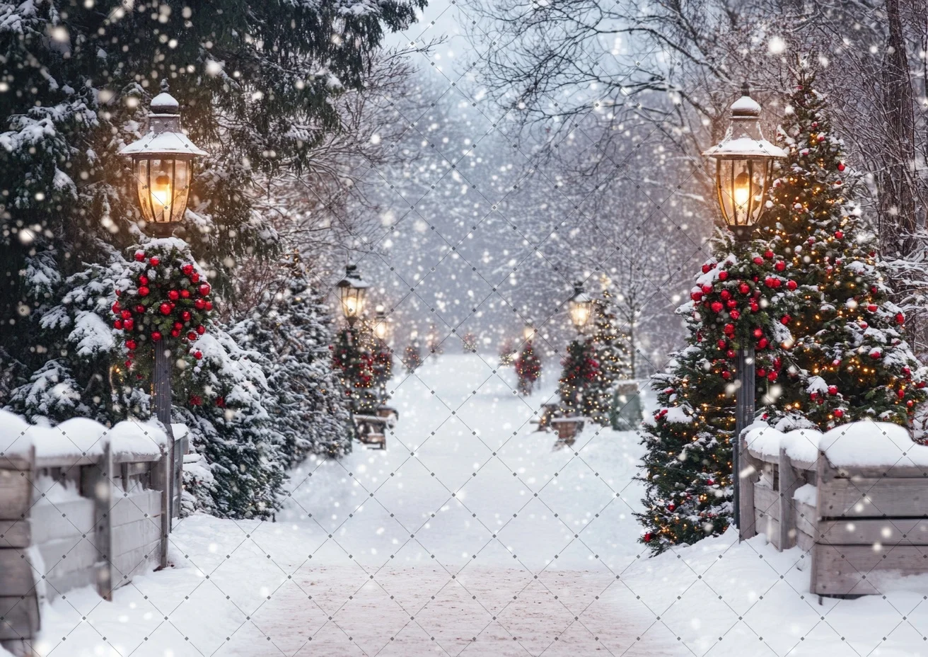 Christmas Backdrop Snowy Winter Path Street Lamp Wreath Xmas Tree Fence Scene for Family  Holiday Party Photography Decor Props