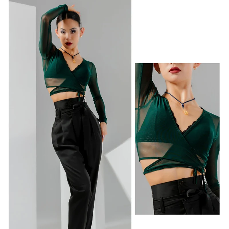 Summer Women Latin Dance Tops Sexy See-Through Crop Tops ChaCha Practice Clothes Samba Rumba Performance Stage Costume YS3698