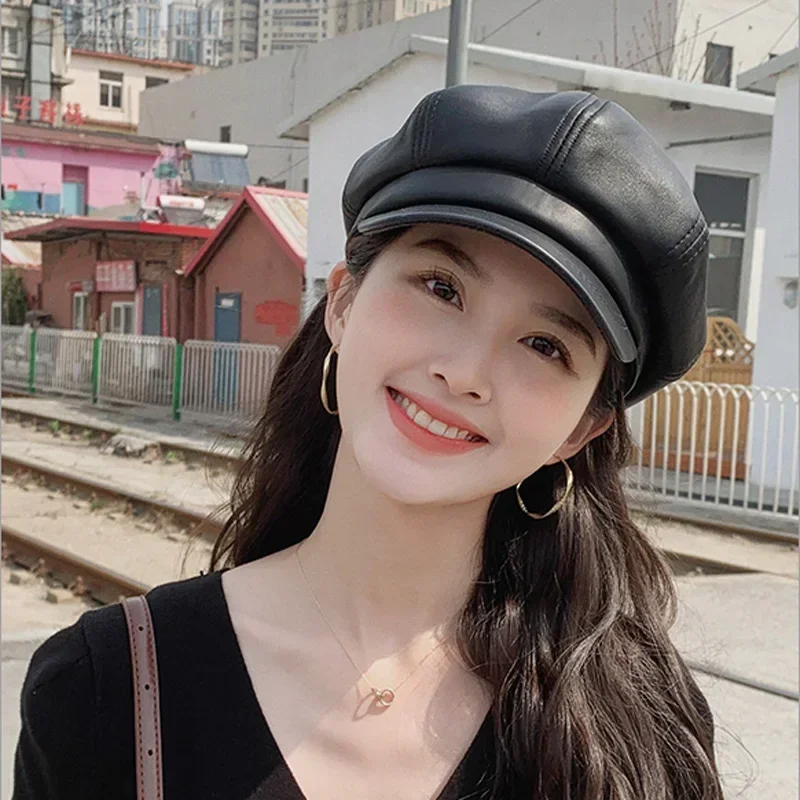 

England Style Spring Real Leather Cap For Women Painter Cap Octagonal Vintage Beret Female Brown Boinas Hat