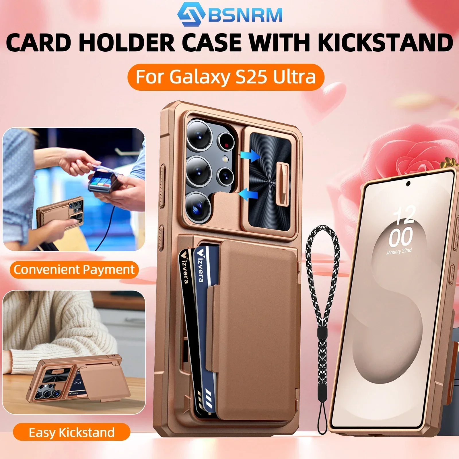 

Для Samsung Galaxy S25 Ultra (золотой) чехол-кошелек — защитный чехол для всего тела с держателем для карт (4 карты), чехол для камеры и подставка