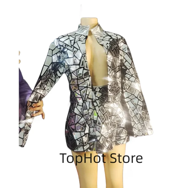 Purple Mirror Nightclub Stage Wear Women Singer Jazz Dance Costume Laser Sequins Jacket Dress Performance Outfit