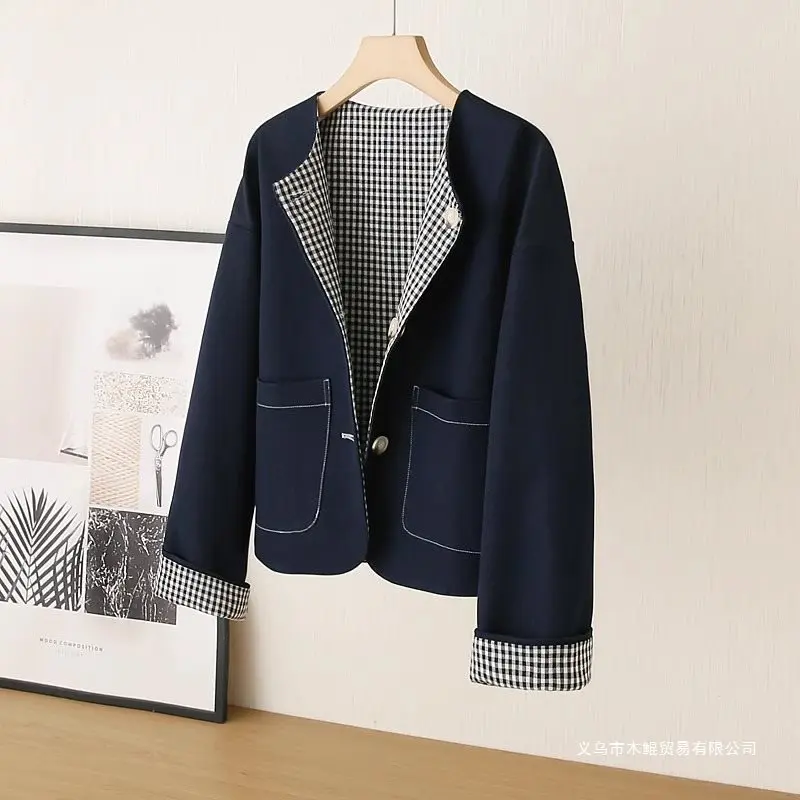 Women's Minimalist Reversible Jacket Navy Blue Collarless Blazer with Gingham Lining & Pockets Versatile Fashion Coat