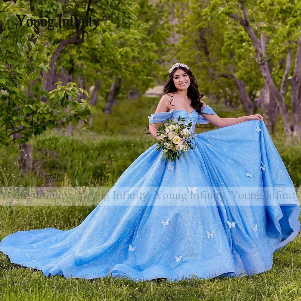 Blue Quinceanera Dress 2024 Ball Gown Princess Sweet 15 16 Birthday Party Gown Pleats Layers Ruffle Backless Pageant Butterfly