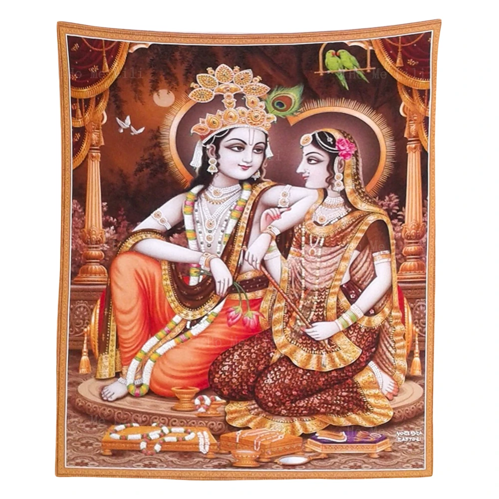 Lord Krishna With Radha And Cow Calf Colorful Rare Religious Hindu Gods Tapestry By Ho Me Lili For Designer Room Accessories