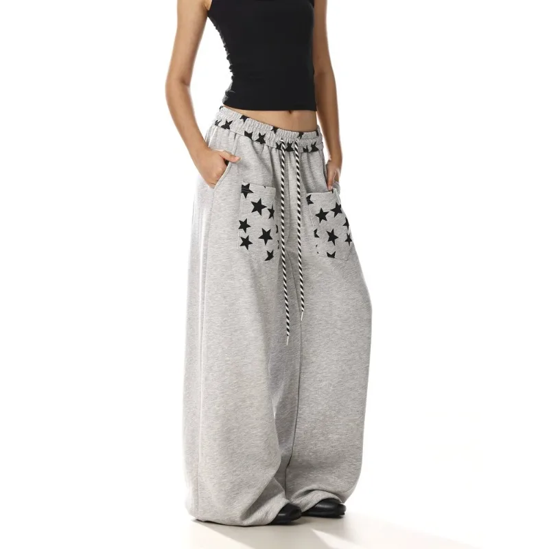 Retro Reverse Wear Design Sense Star Print Scimitar Sweatpants of The Same Style Jazz Dance Loose Wide-leg Pants Tide