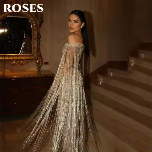 ROSES Gold Luxury Evening Dress Off Shoulder Tassel Party Dresses Cape Sleeve Prom Gown Shiny Mermaid robes du soir Customized - Image 2