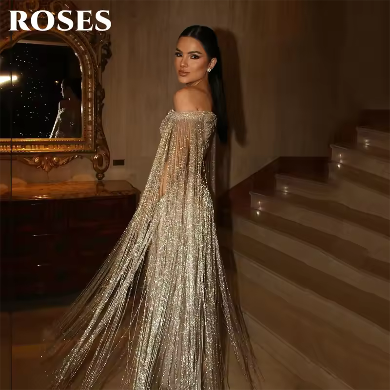 ROSES Gold Luxury Evening Dress Off Shoulder Tassel Party Dresses Cape Sleeve Prom Gown Shiny Mermaid robes du soir Customized - Image 2