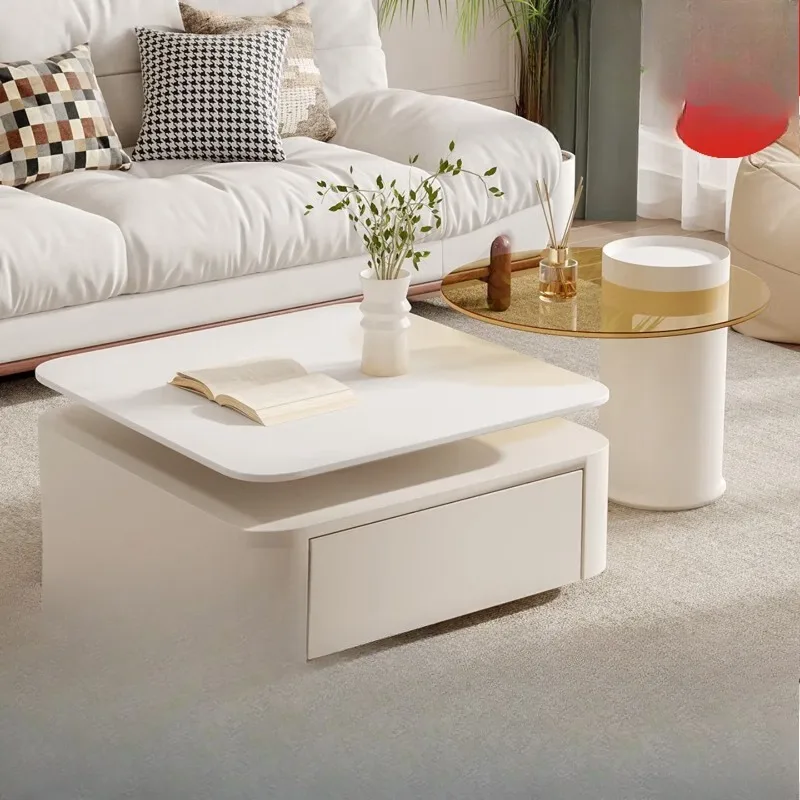 

Pure white square slate coffee table light luxury modern simple cream style