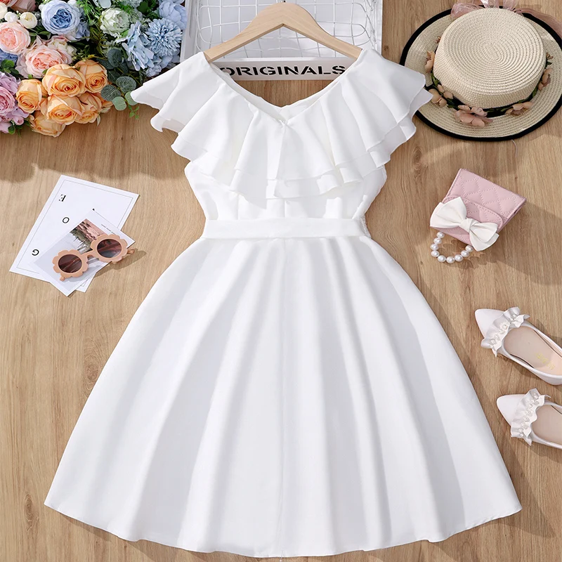 Summer Cute Girl Sleeveless Princess Dress For Children\'s Casual Birthday Party Girl Adjustable Belt Solid Color Fluffy Dress