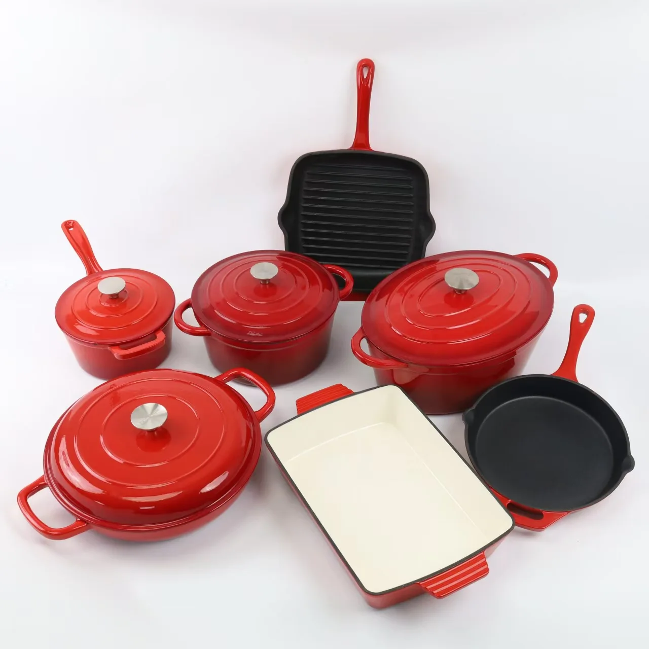 Classic multi-color cast iron cookware set, all metal clay pot baking and milk equipment
