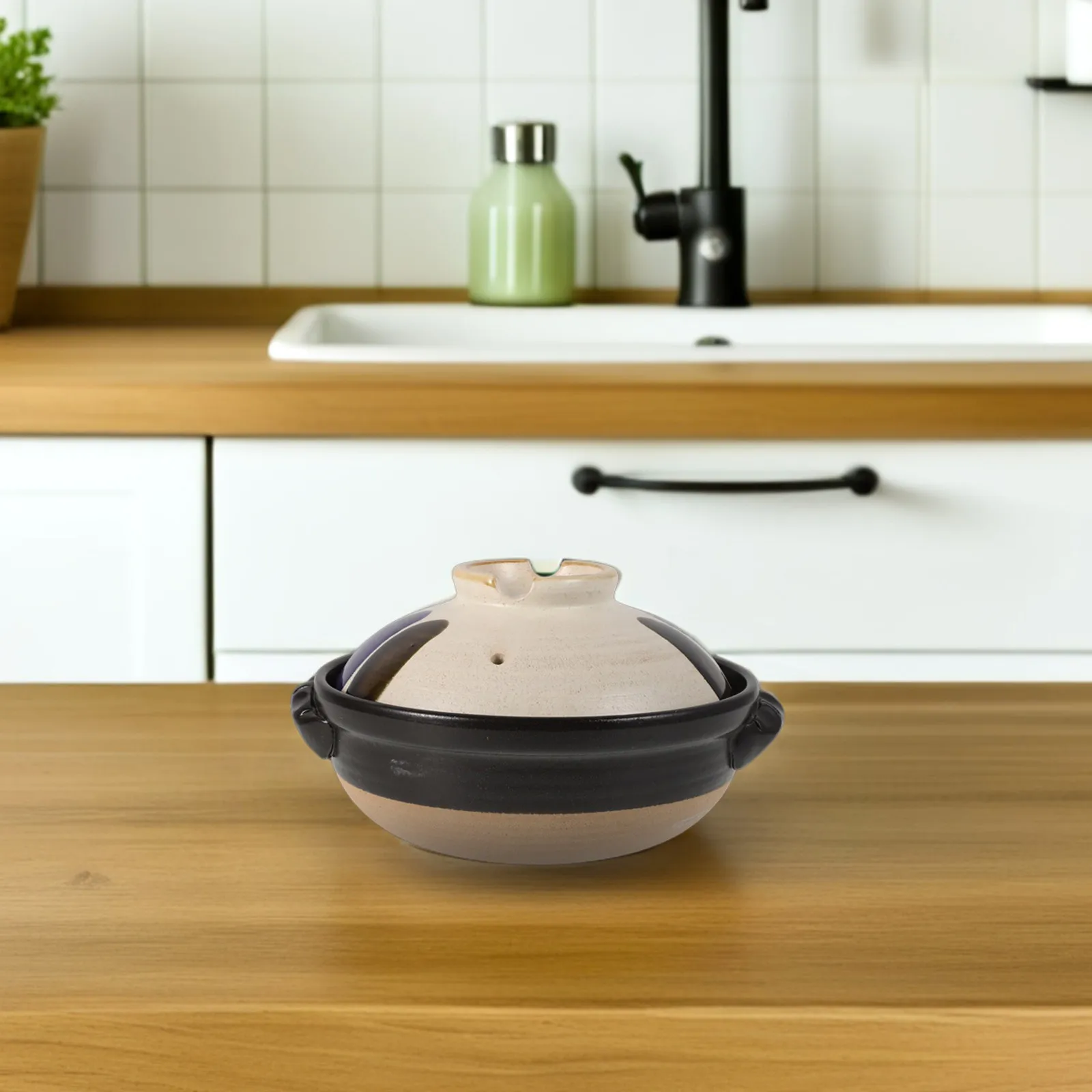 Olla de Cerámica Vintage con Doble Asa y Tapa, para Sopa, Guiso, Arroz, Cazuela de Barro Resistente a la Llama Abierta
