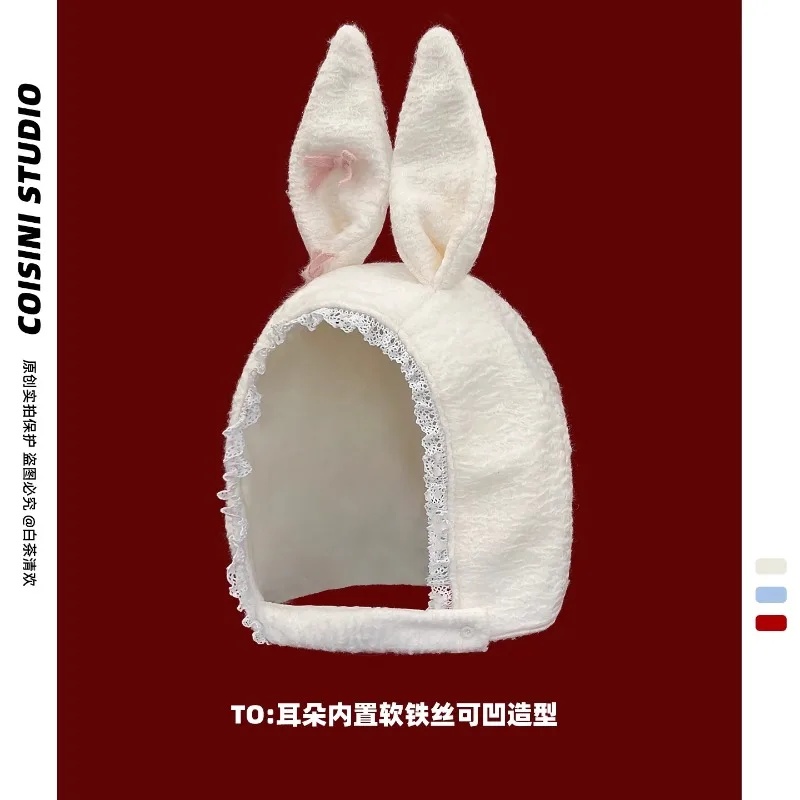 

Корейская версия милых кружевных милых кроличьих ушей, плюшевые шапки-бомберы, женские зимние теплые универсальные индивидуальные забавные шапки-балаклавы