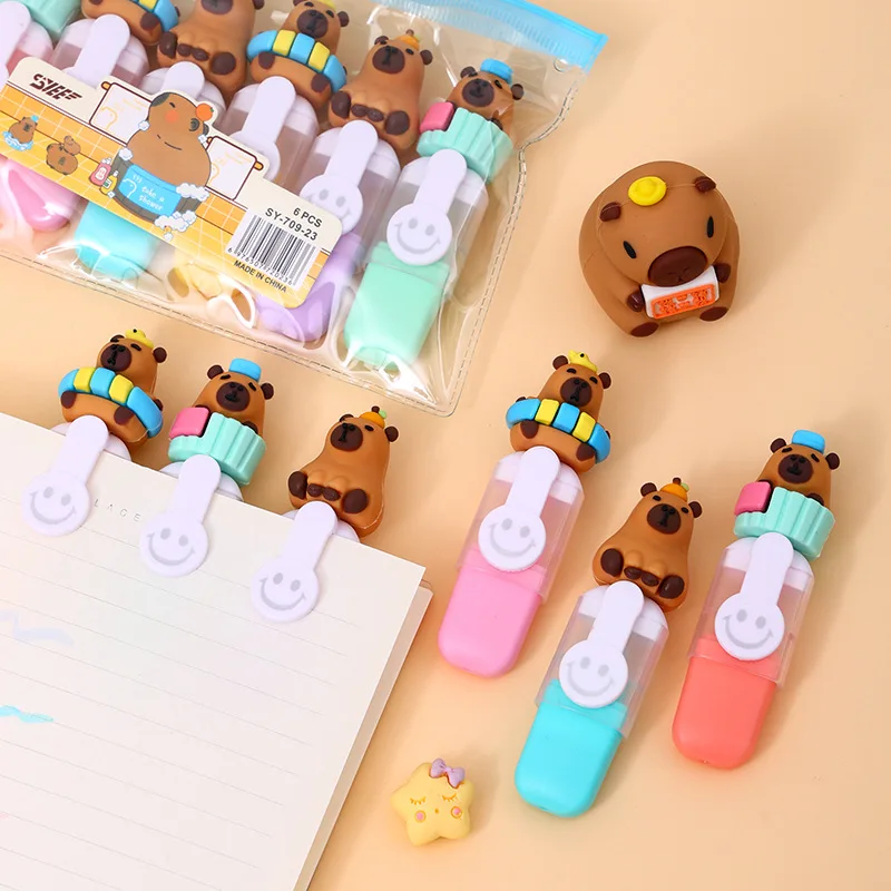 6 stks/set Capybara Cartoon Pastel Kleur Macaron Markeerstift Markeerstiften Fluorescerende Pen Tekening Markeerstiften Leuke Briefpapier