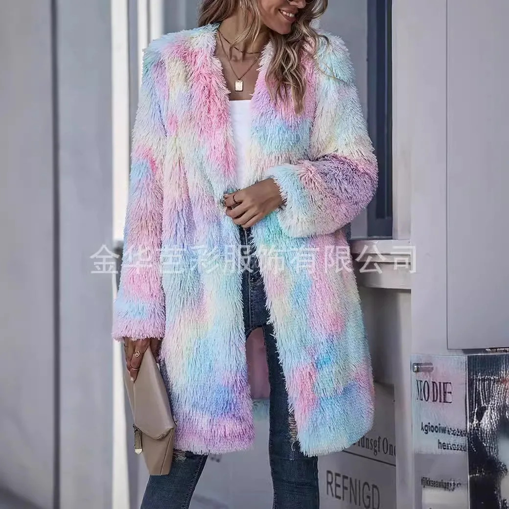 European and American Cross-border New Fur Jacket Colorful Temperament Collarless European and American Fashion Fur Coat Women's