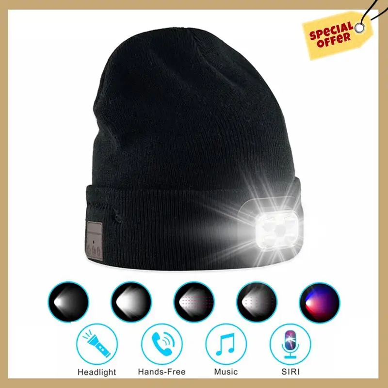 

For Shoveling Snow Riding Winter Warm Bluetooth Head Light Lamp Hat Beanie With LED Music Cap Speakers & Mic Earbuds Durable D