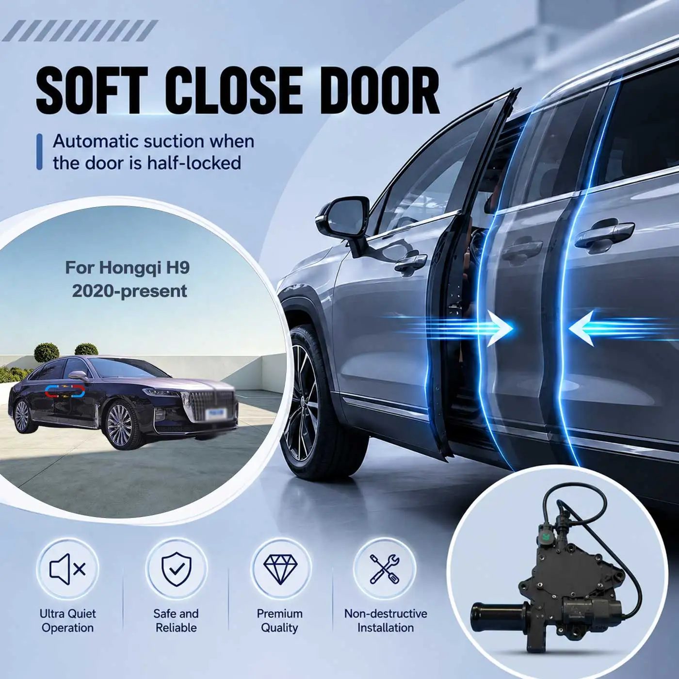 For Hongqi H9 2020-present Electric Soft Close Door Auto Pull-In Suction Lock Intelligent Silent Closer Kit