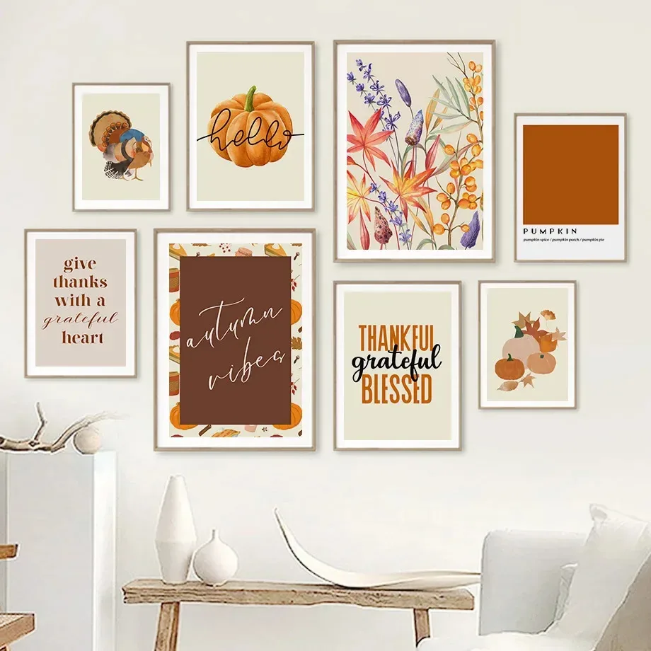 Quotes Autumn Posters Prints Canvas Painting Gallery Wall Art Pictures For Living Room Home Decor Fall Leaves Pumpkin Turkey Car