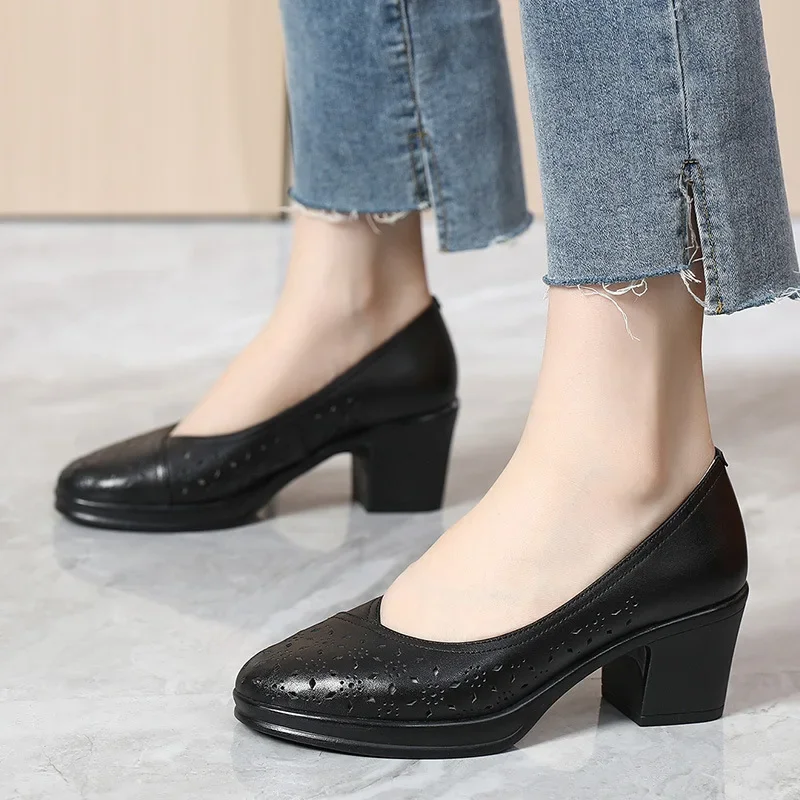 Women's genuine leather hollow-out slip-on loafers 6.5cm thick med heel casual female summer pumps shoes for women plus size 41