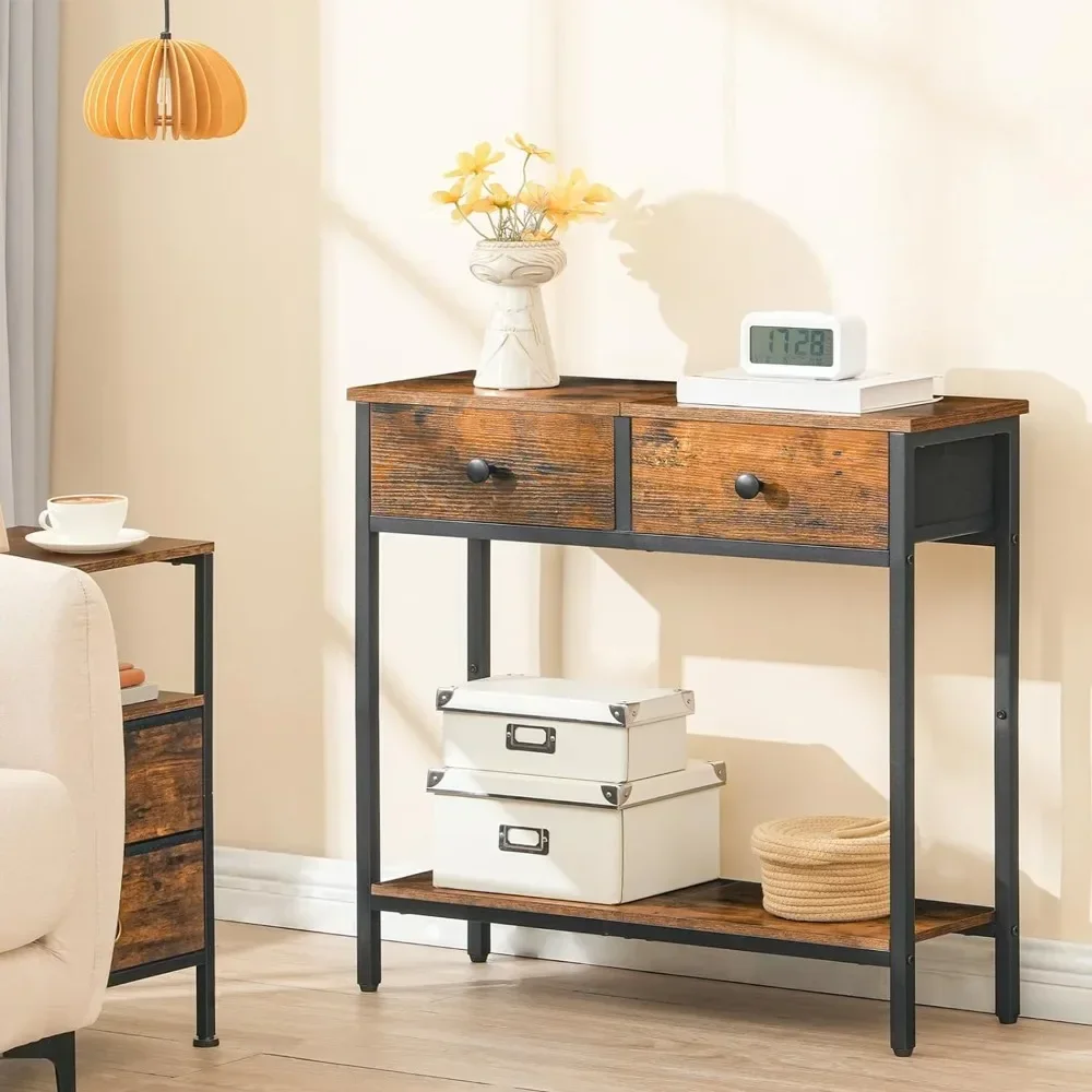 

l L 29.5" Narrow Console Table With 2 Fabric Drawers, Small Entryway Table With 2-Tier Storage Shelves, Thin Sofa Table，, Side