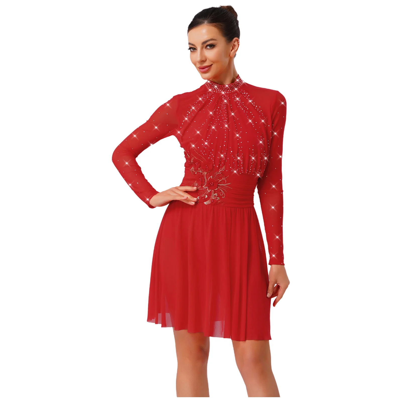 

Women Professional Modern Dance Costume Elegant V-Neck Mesh Rumba Salsa Dress Latin Ballroom Dance Stage Performance Dancewear