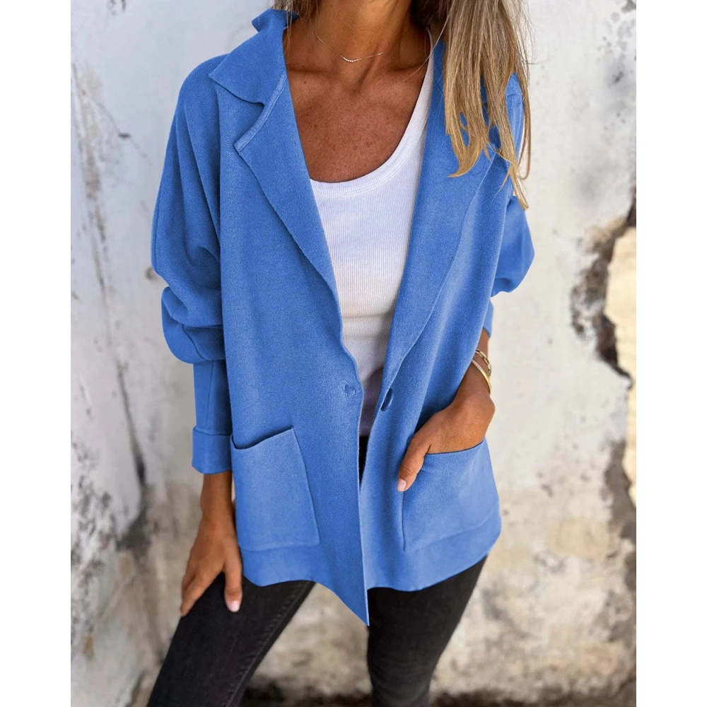 

Women Pocket Design Nothched Collar Single Buttoned Blazer Jackets Femme Elegant Coats Autumn Winter Outfits