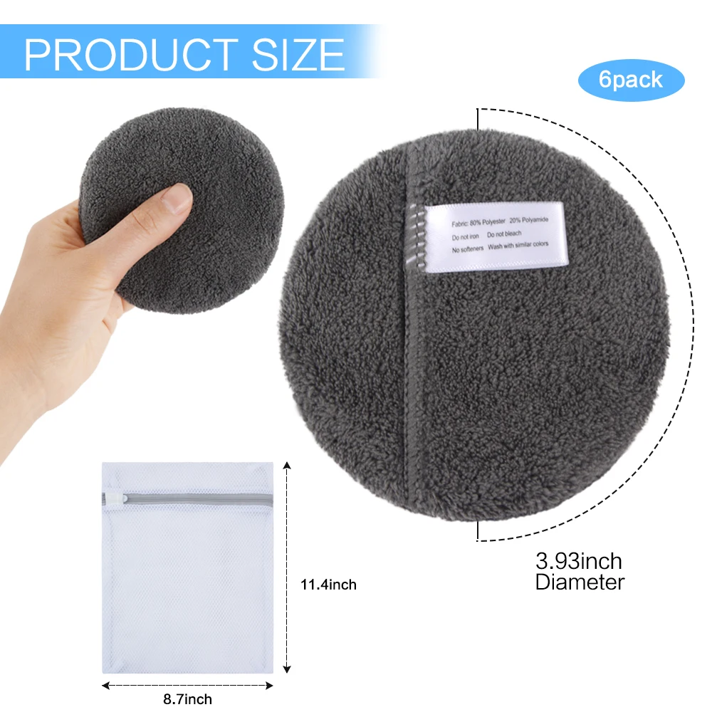 Microfiber Reusable Makeup Remover Pads Face Cleansing Gloves Washable Makeup Removal Cloth Rounds With Laundry Bag 6 Pack