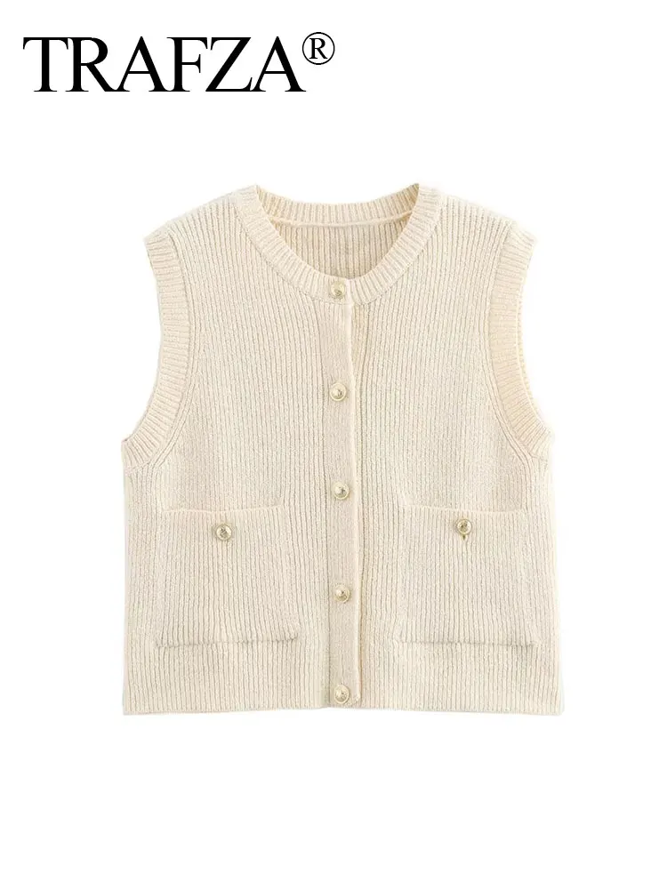 TRAFZA 2024 Autumn Elegant Knitted Vest Round Neck Sleeveless Solid Color Single Breasted Pocket Decoration Fashion Causal Tops