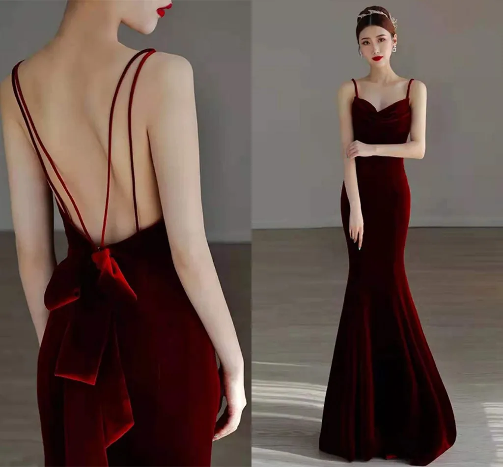 

2022 Sexy Dark Red Formal Evening Dress V-neck Backless Velvet Mermaid Prom Party Gowns Robe De Soiree Vestidos Fiesta