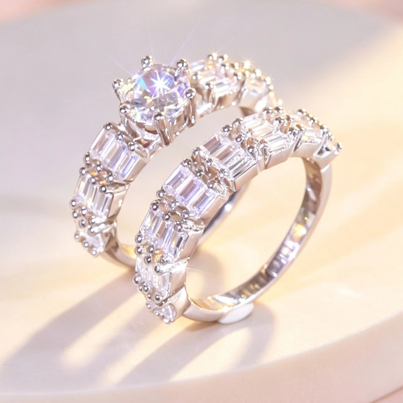 2Pcs Women Bridal Ring Set Round & Baguette Cut Synthetic Zircon Silver‑Tone Stackable Wedding Band Promise Rings Fashion Jewelry For Ladies
