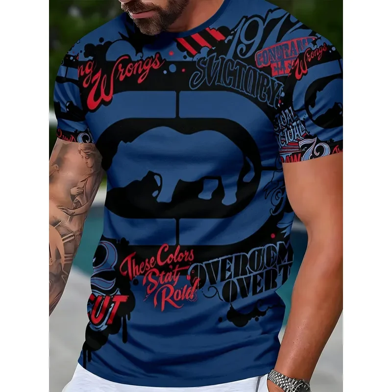 for Men American Rhino Graffiti T Shirt Blue Contrast Color Letter Print Short Sleeve Crew Neck Casual Streetwear Cool Retro