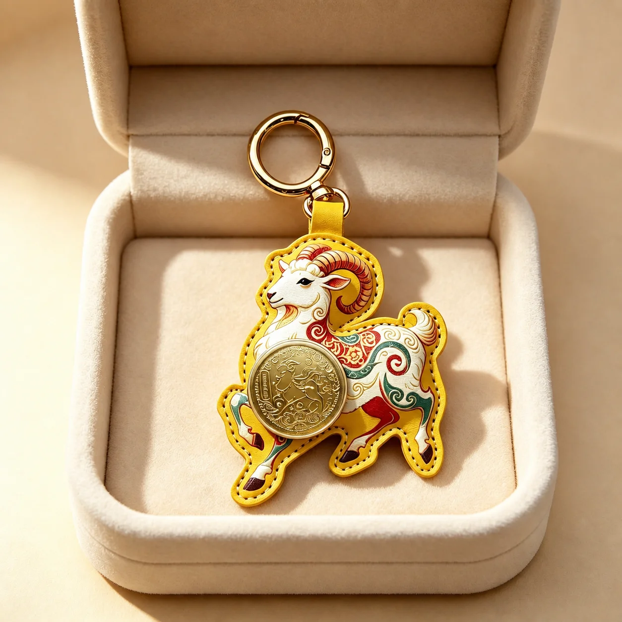 Lucky Year of the Sheep Keychain 2027 Chinese Zodiac Ram PU Leather Bag Cute Floral Pattern Ring Holder for Handbag and Keys