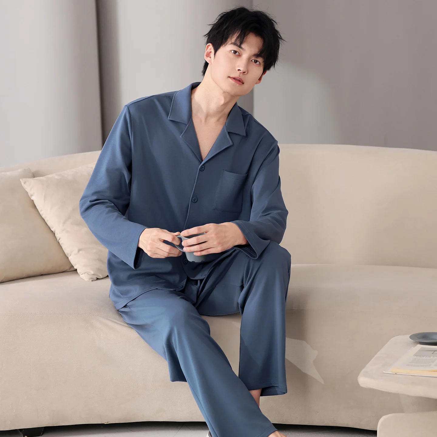 Long Pants + Long Sleeve Tops Pajama Sets Men Spring Cotton Pajamas Home Suit Mens Sleepwear Loose Button Cardigan Nightwear 4XL