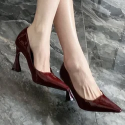 Vrouwen Elegante Wijn Rode Pompen Ondiepe Mond Slip op Dikke Hoge hakken Vrouw Sexy Punt Teen Veelzijdige Party banket Schoenen