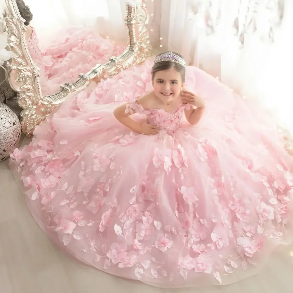 Pink 3d Applique Flower Girl Dress For Wedding Off Shoulder Luxurious Pearls Tulle Child First Eucharistic Birthday Party Dress