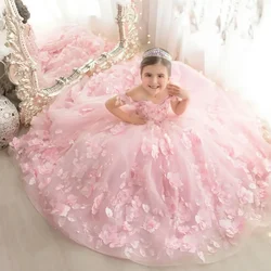 Robe de demoiselle d'honneur pour mariage, appliques 3D roses, perles luxueuses, tulle, chariste, fête d'anniversaire, enfant, premier