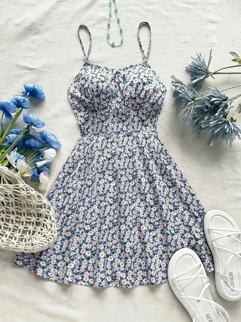 Sweet Casual Style V-Neck Floral Print Halter Dress Women's Summer Elegant Mini Dress